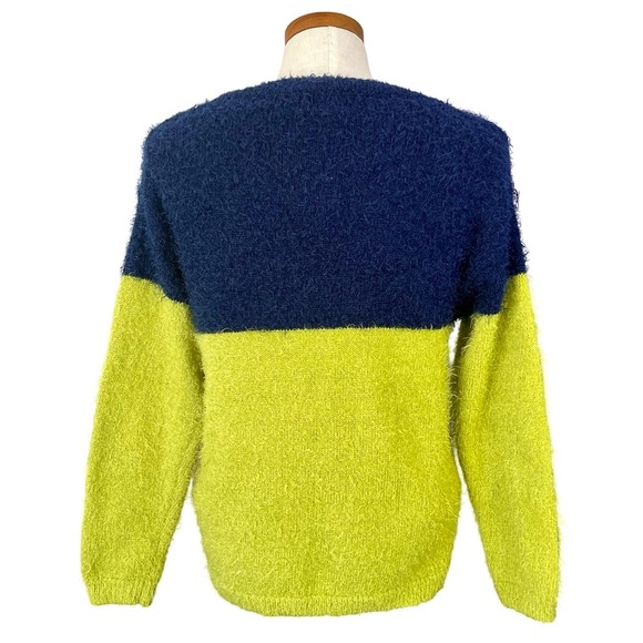K. Jordan Faux Mohair Sweater Colorblock Blue & Lime Green SzM Long Sleeve - Picture 2 of 9